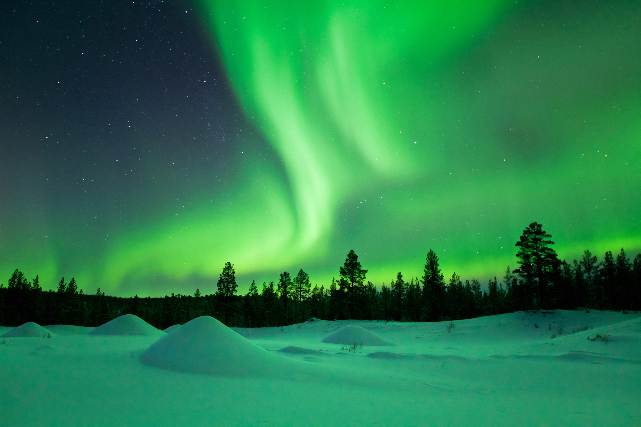 Aurora borealis over snowy landscape winter, Finnish Lapland - Northern Lights