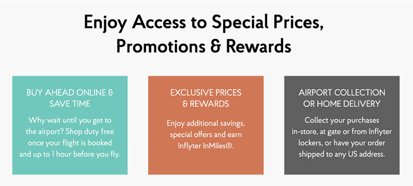 Infographic explains that with Inflyter you can buy ahead online and save time, enjoy exclusive prices and rewards and collect purchases in the airport or have them delivered to any US address