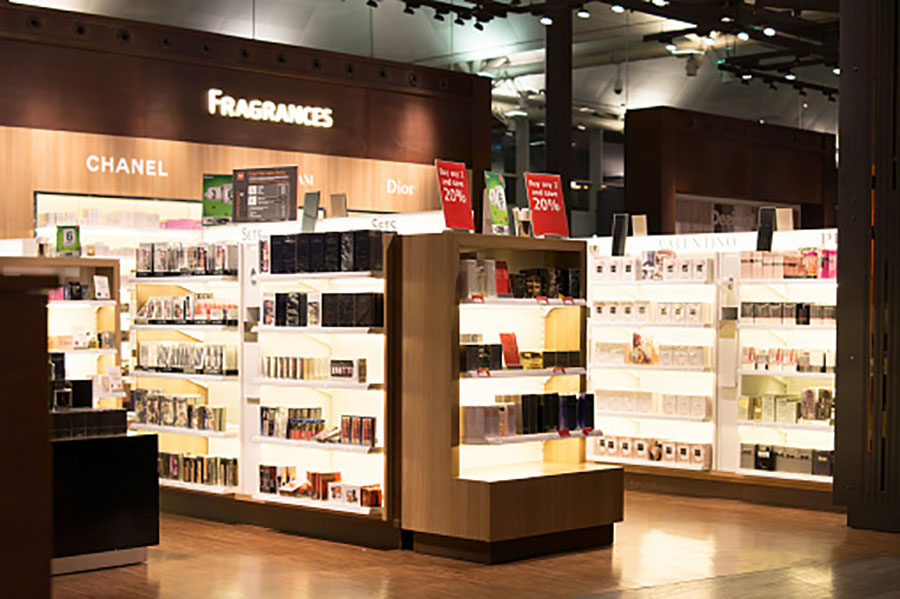 Photograph of Tax Free shopping or duty-free shopping area, showing luxury designer fragrances.